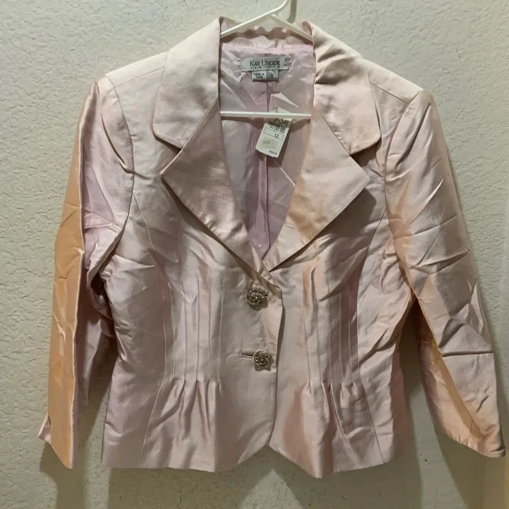 NWT Kay Unger New York Ivory Satin Blazer sz 12 Silk blend Bling Buttons